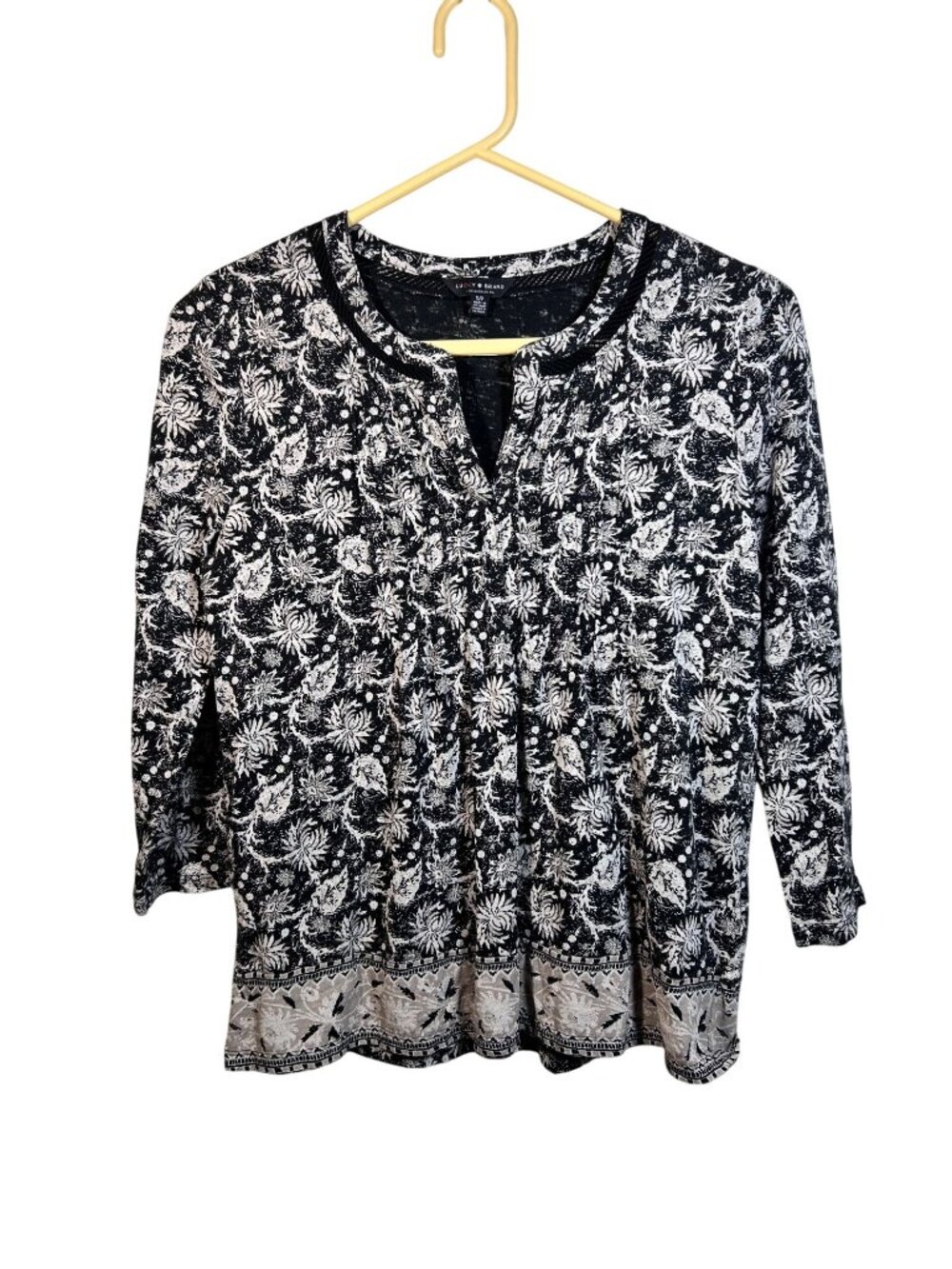 Lucky Brand Womens Black & White Floral Print 3/4 Sleeve Blouse Sm Cotton Blend
